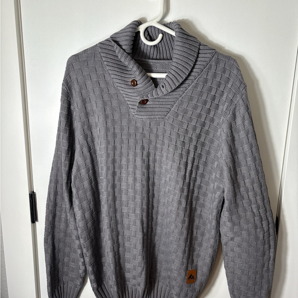 Gray Textured Knit Shawl Collar Sweater